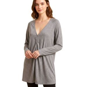 Eileen Fisher Graphite Shadow Striped 100% Linen Grey Snap Button Long Cardigan